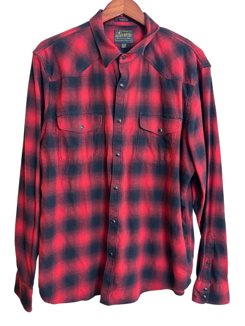 Lucky Brand Red Black Plaid Flannel Western Pearl Snap Button Up Shirt XL Mens